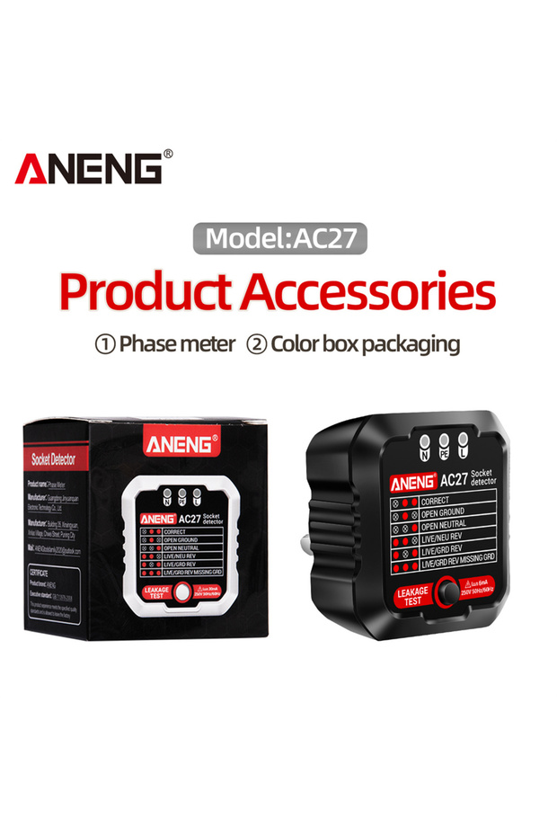ANENG AC27 US Black ANENG AC27/AC28 Socket Detector US/EU Plug Voltage Test Polarity Phase Check Met