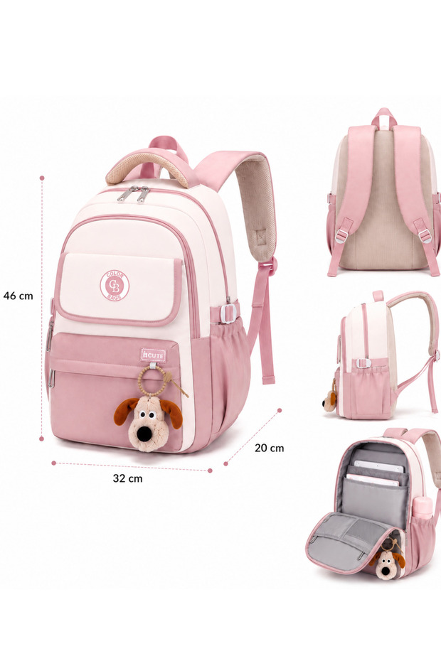 Girl's Primary School Bag – Waterproof Fabric with Plush Keychain Black-Powder-Grey Pink