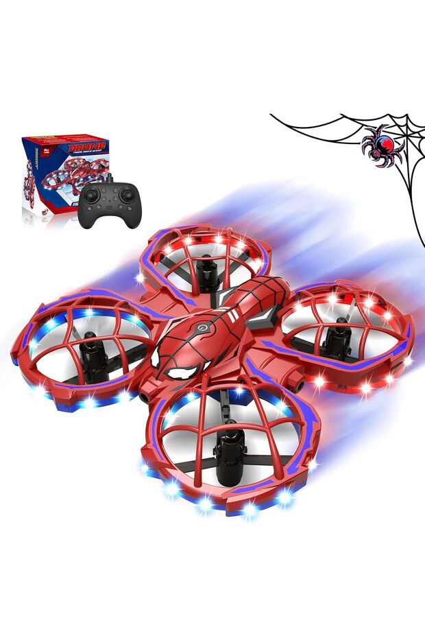 Red Mini Spider Drone 3-Speed Modes Red, Obstacle Avoidance, Headless Mode, Beginner Flight Training