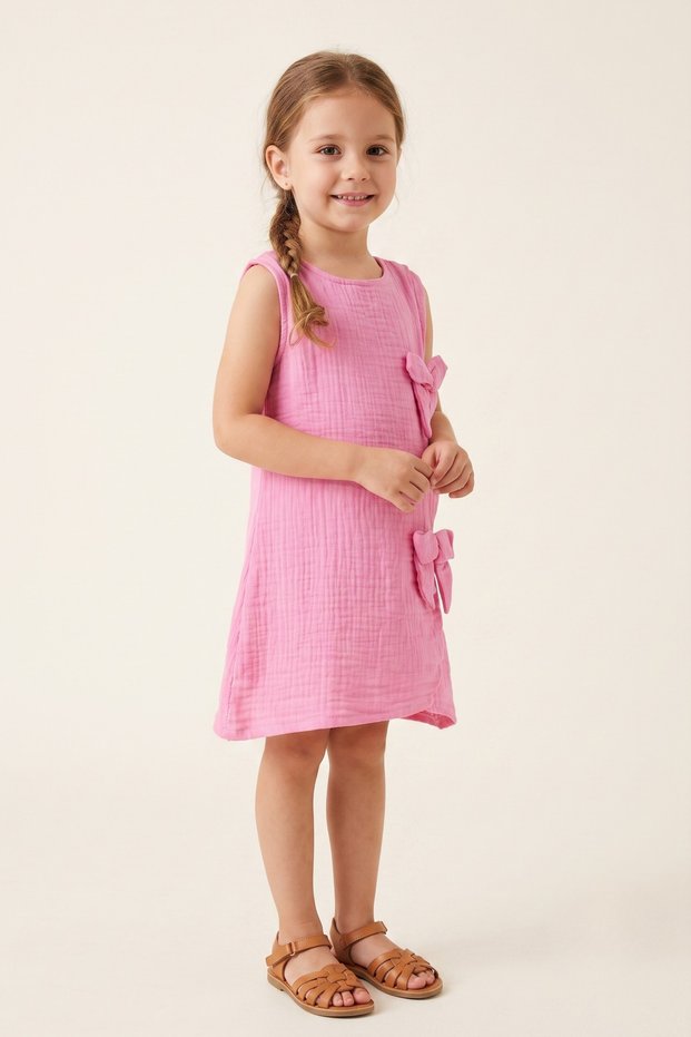 Girl's Summer Dress with Bow, Muslin Fabric