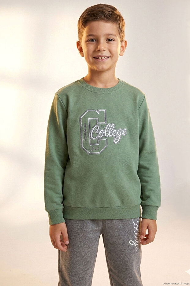 Boys' Tracksuit Set College Wind Style Letter Embroidery 5-10 Years Old, Mint Green