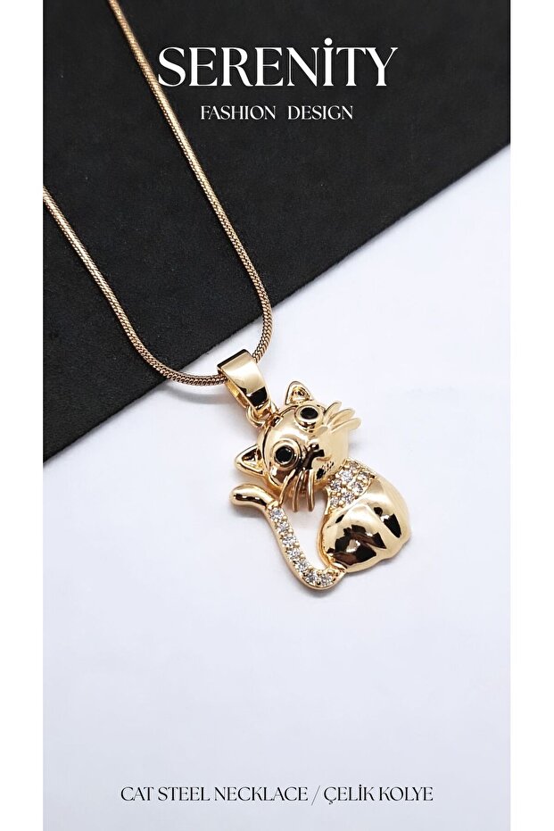 Gold Sitting Cat Figure Steel Necklace