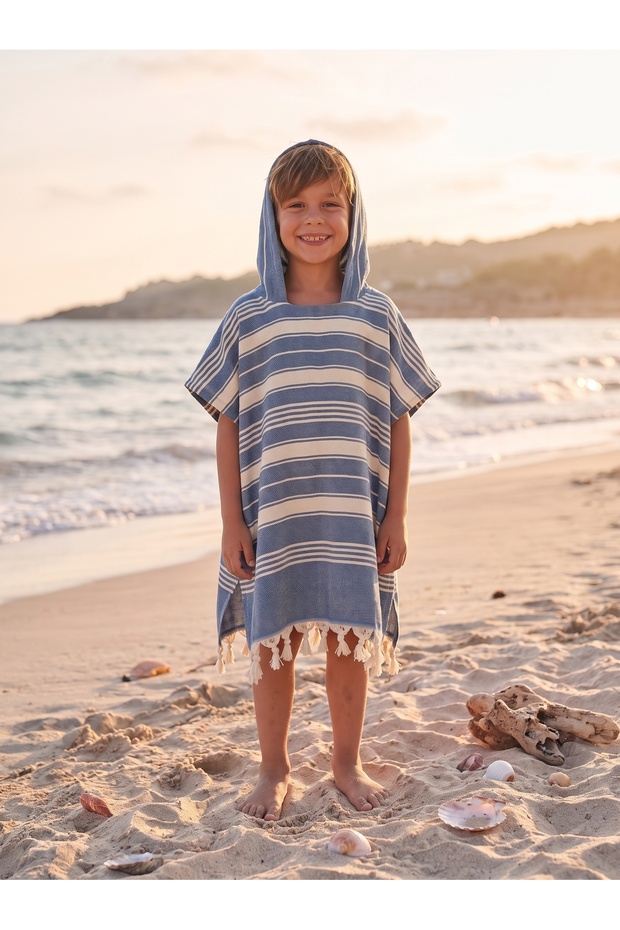 Cotton Paris Children's Bathrobe Poncho 100% Cotton Beach Towel Peshtemal Blue
