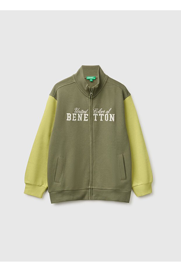 Boy's Khaki Embroidered Front Ribbed Pocket Zippered Stand Collar Sweatshirt