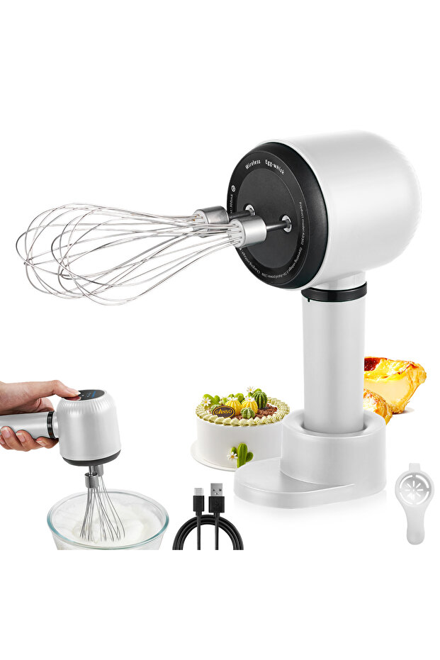 White USB Rechargeable Electric Hand Blender Wireless Portable Hand Whisk Rechargeable 3-Speed And 2
