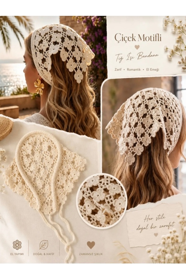 Bohemian Style Knitted Tie-Down (Light Stone Color) Crowned Bandana (Does Not Slip on the Hair)