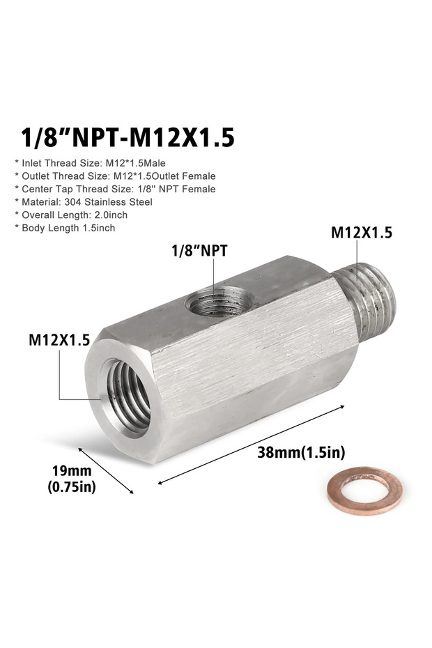 1-8NPT M12X1.5 Stainless Steel Side Holes Oil Pressure Sensor 1/8 NPT Female To M12 M10 M14 Adapter