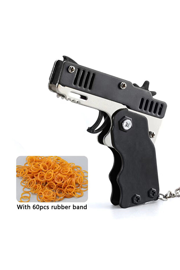 black Metal Burst Rubber Band Toy - Mini Folding Launcher Toy With Keychain And 60pcs Rubber Bands,P