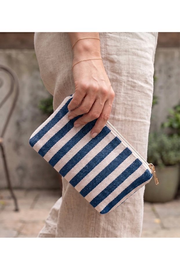 Canvas Navy Blue Striped Makeup Bag