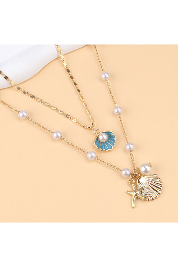 Blue 2026 Summer Double Layer Gold Plated Starfish Shell Pearl Necklace For Women Girls Ocean Beach