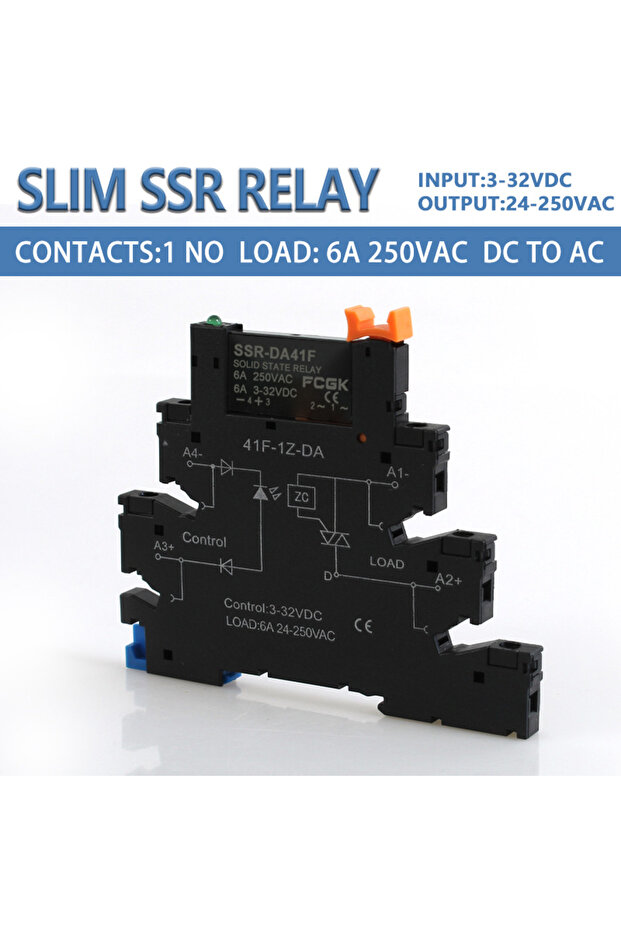 وحدة ريلاي الحالة الصلبة SSR DC-AC C2 FCGK للتحكم بالتيار المستمر في التيار المتردد 6 أمبير بواجهة نحيفة، وحدة ريلاي SSR نحيفة بواجهة DIN للتحكم بالتيار المستمر