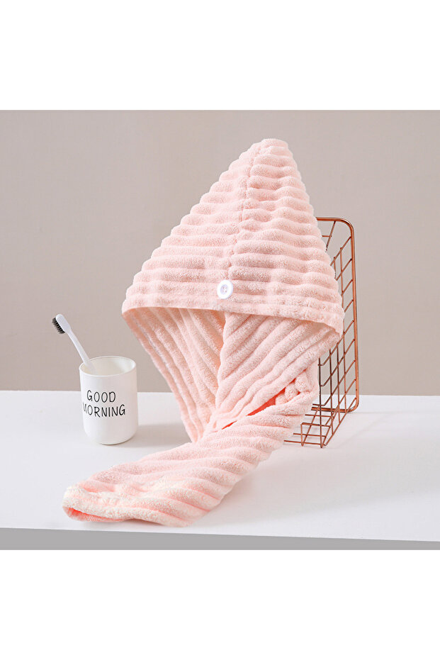 Pink Microfiber Button-Down Dry Hair Cap, Absorbent Lint-Free Quick-Drying Hair Towel Wrap for Women