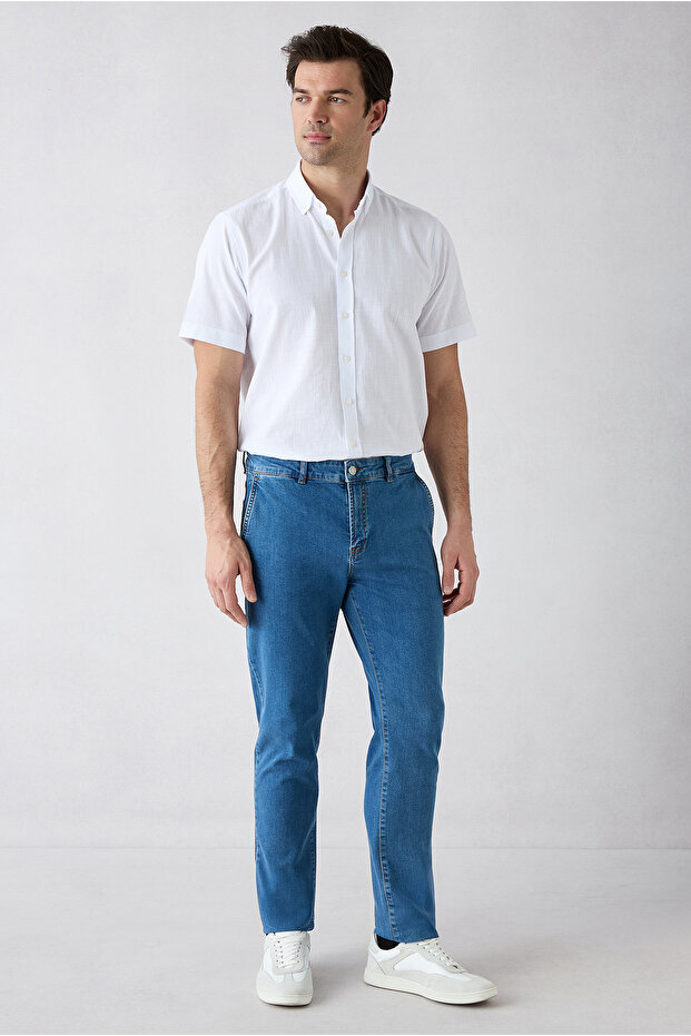 Tapered Fit Cotton Denim Trousers with Side Pockets