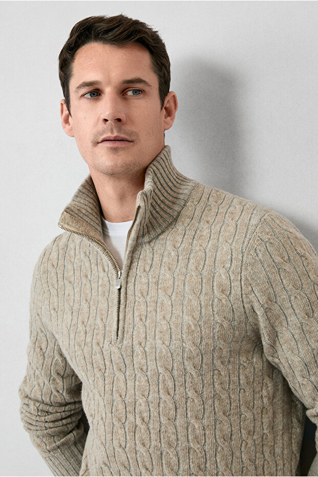 Half Turtleneck Regular Fit Zippered Patterned Knitted Wool Sweater