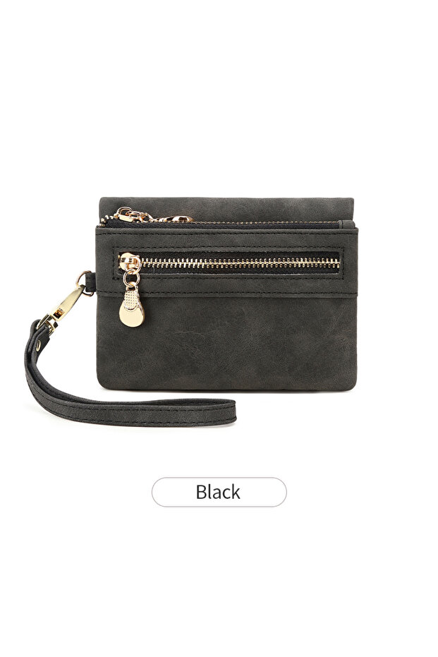 R978-Black Retro Double Fold PU Leather Short Wallet with Zipper Coin Pocket Multiple Card Slots and