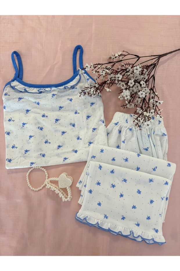 2-Piece Lake Blue Long Bottom Summer Pajama Set