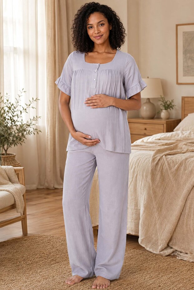 Soft Textured Muslin Fabric Maternity Set Effortt - Gray