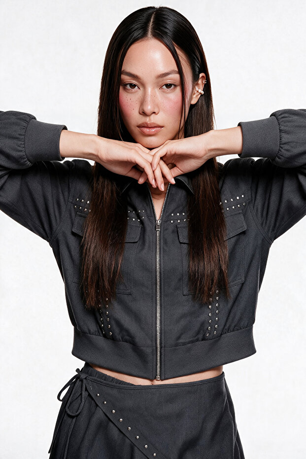 Shirt Collar Bomber Jacket with Trok Accessories Anthracite
