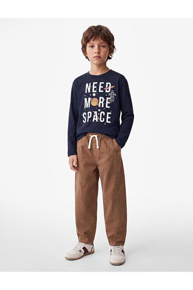 Long Sleeve Space-Themed Printed Crew Neck Cotton T-Shirt