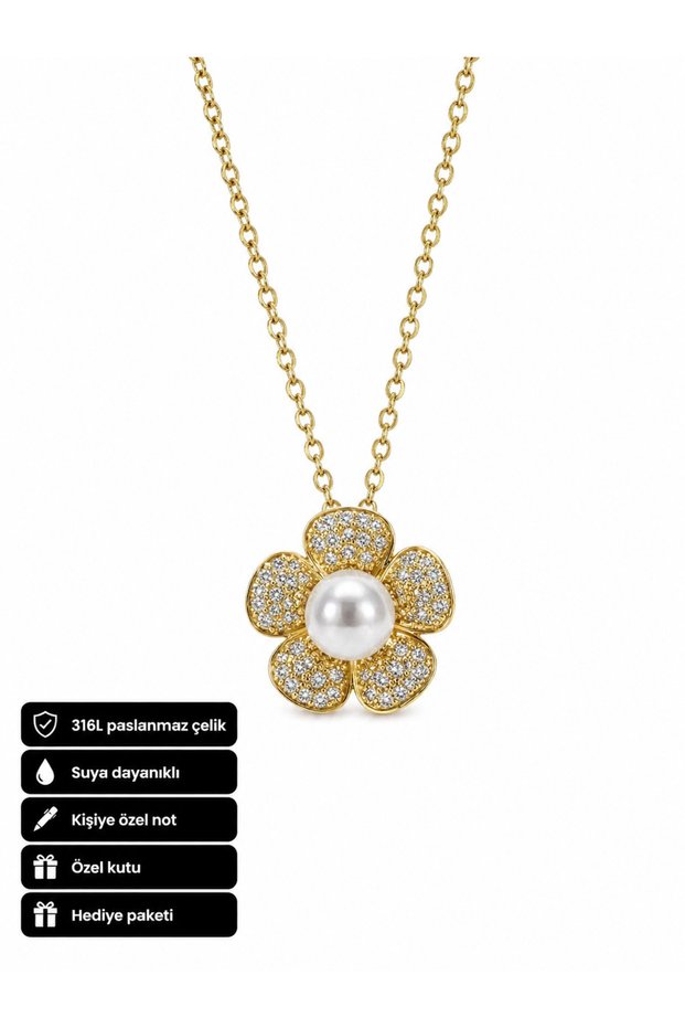 Pearl Detailed Flower Necklace 316L Stainless Steel Gold Color Gift