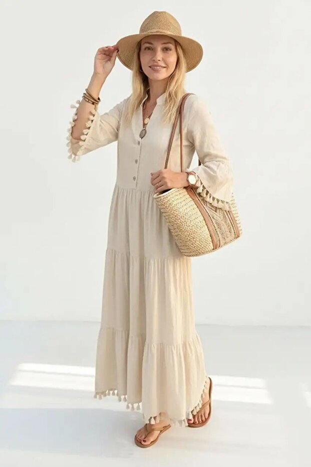 Linen Tassel Detailed Maxi Length Summer Dress