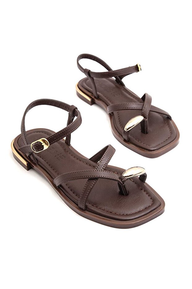 Women's Brown Ring Buckle Ankle Strap Sandals