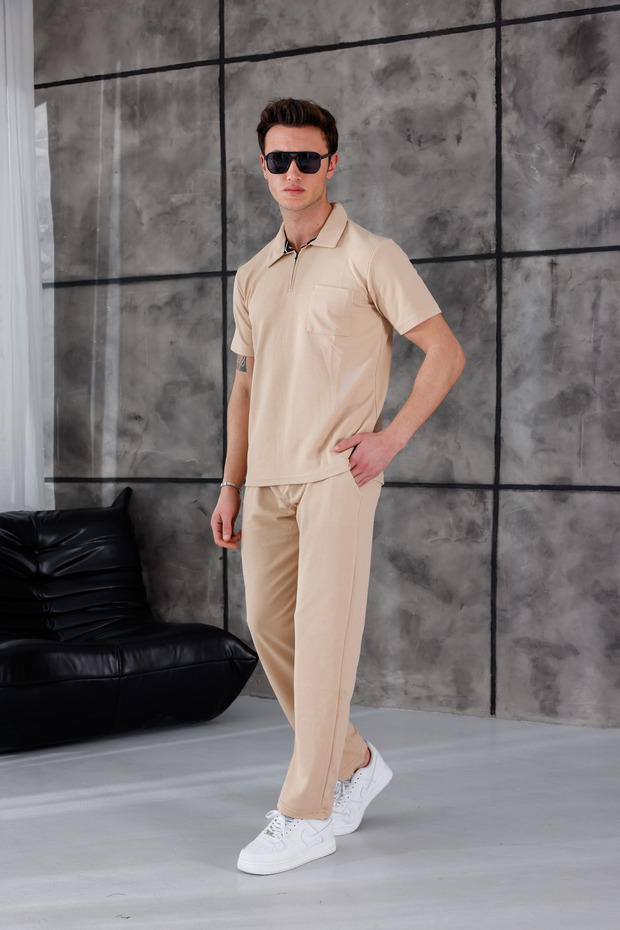 Men's Polo Collar Zippered Comfortable Fit T-Shirt and Pants Set