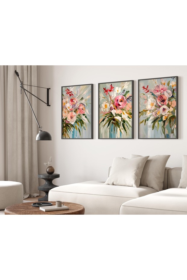 Framed 3-Piece Floral Painting Set – Modern Pastel Colored Living Room & Sitting Room Wall Decor