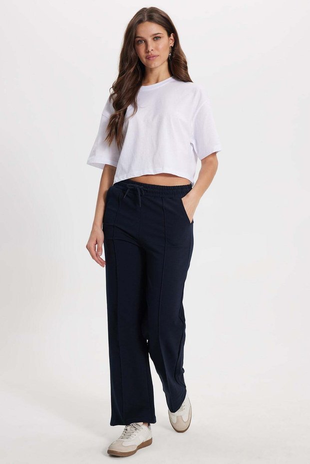 Women's relaxed fit cotton blend wide leg sweatpants with elastic waistband and lycra - navy blue