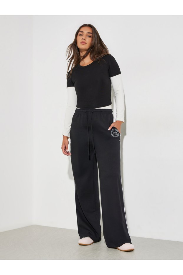 Black Wide Leg Joggers with Piping Detail