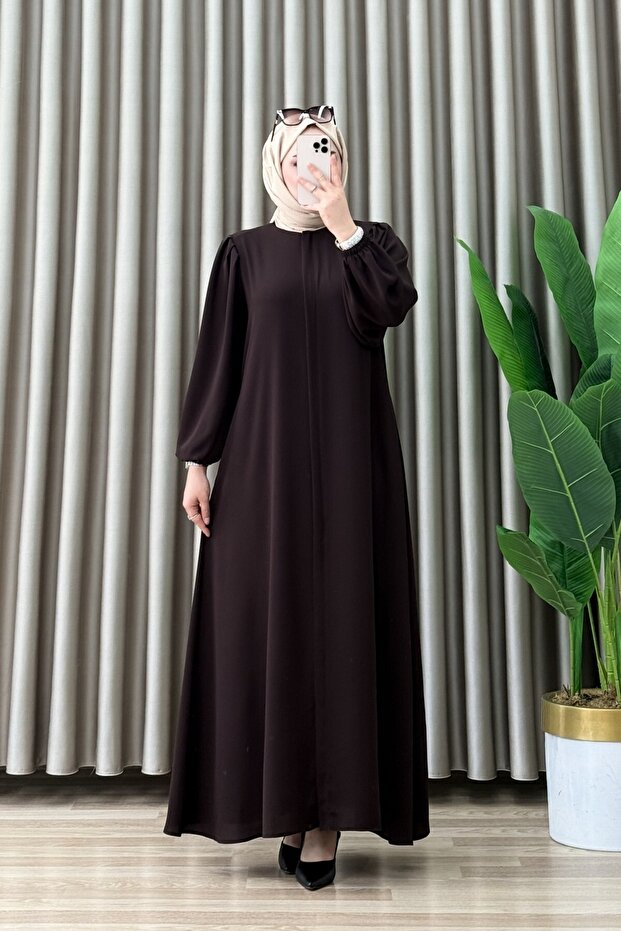 Leman Ferace Rabia Crepe Fabric Women's Bitter Brown Overhead Ferace with Hidden Zipper and Elastic Ankles