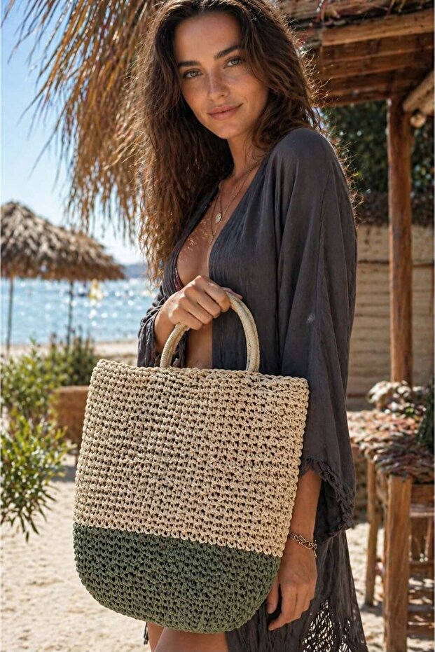 Mint Hand Knitted Straw Women's Bag 40X45 cm