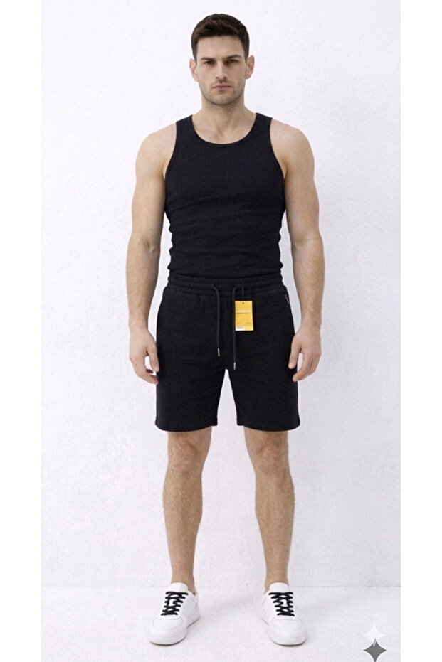 Men's Beige & Black Shorts - Relaxed Fit Cotton Pocketed Drawstring Knitted Shorts -