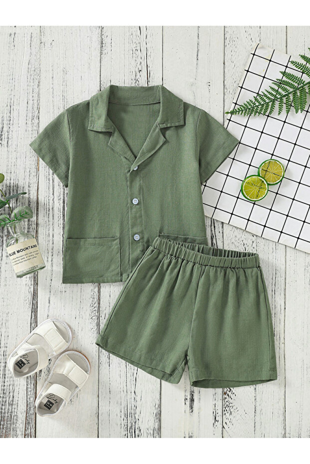 Boys Green Linen-Look Shirt and Shorts Set