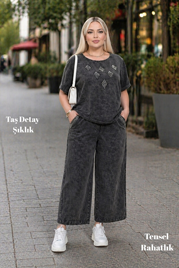 Tencel Fabric Stone Detailed Oversize Wide Leg Top and Bottom Set C7925 Anthracite