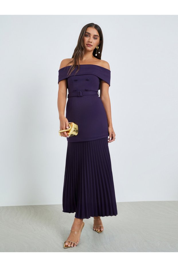 Purple Off-Shoulder Pleated Maxi Dress