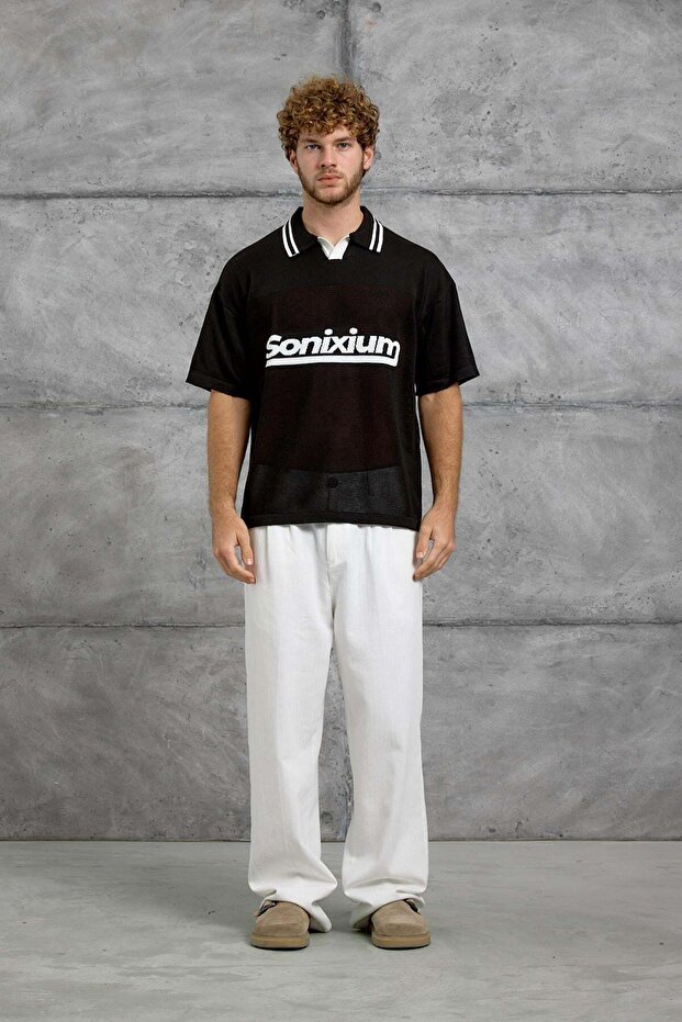 Men's T-Shirt Sonixium Written Polo Collar Black Oversize Printed Knitwear