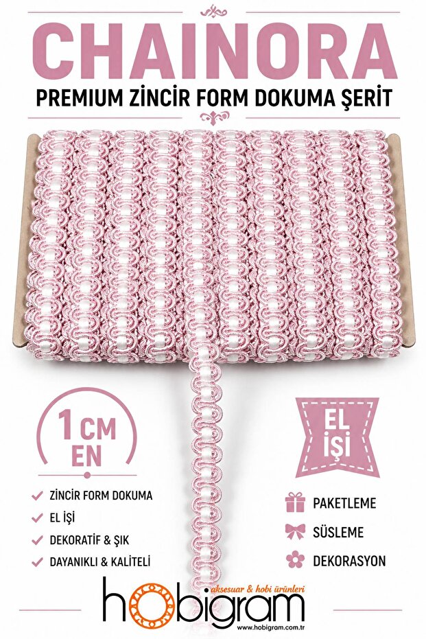 Light Pink White Chainora Premium Chain Form Woven Decorative Ribbon – 5 Meters