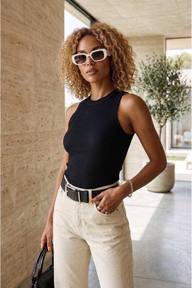 Women's Black Crew Neck 2*1 Soft Polyester Stretchy Camisole Fabric Long Tank Top Blouse