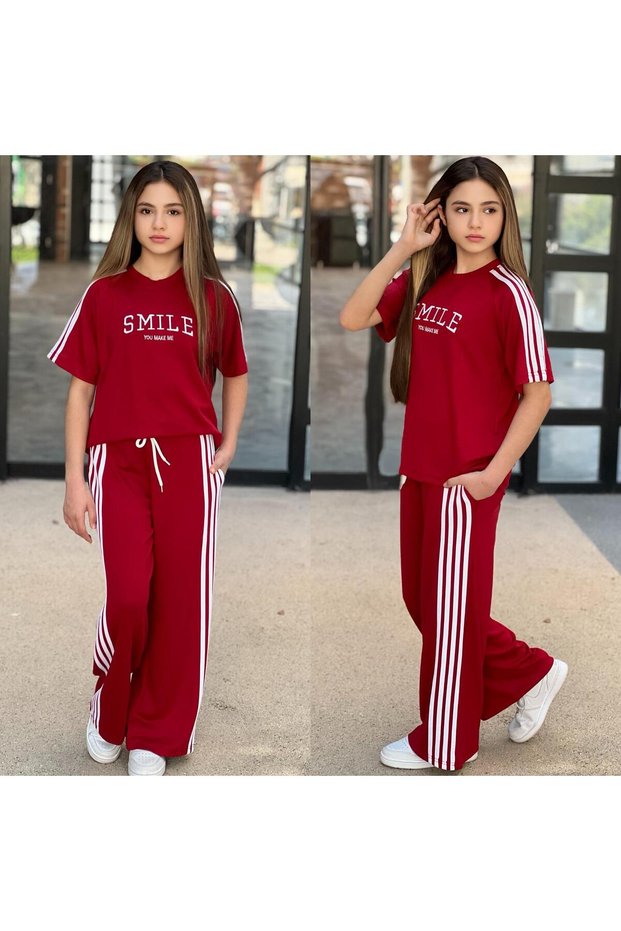 Girl's Oversize Embroidered Stripe Detailed Two-Piece Tracksuit Set - 100% Cotton - Holiday Wear