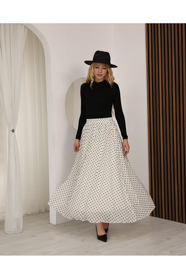 Polka Dot Patterned Lined Tulle Skirt