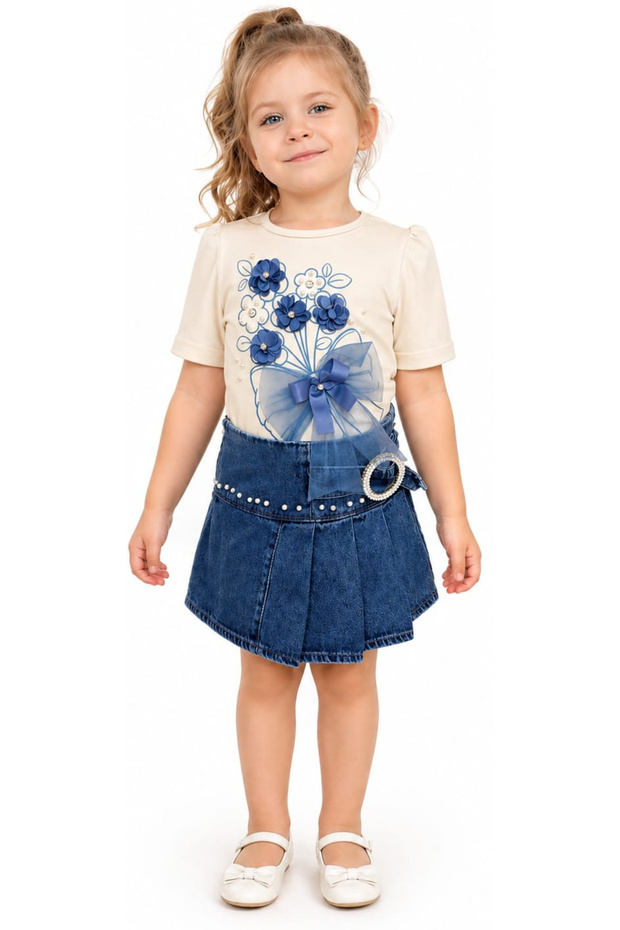 Girl's Three-Dimensional Flower Ribbon Detailed Pearl Stone Printed Skirt Suit with Side Zipper and Buckle Cream Color Skirt Set