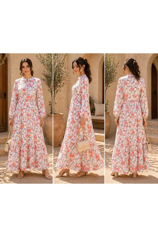 White & Coral Red Floral Print Tiered Casual Dress
