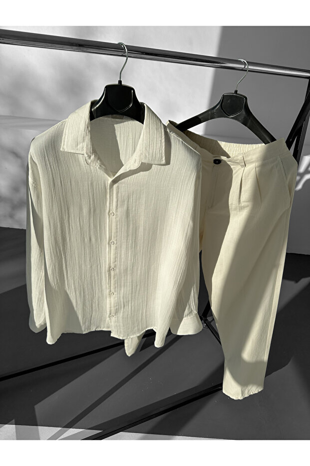 Linen Ecru Shirt g Baggy Pants Modern Cut Oversize Set
