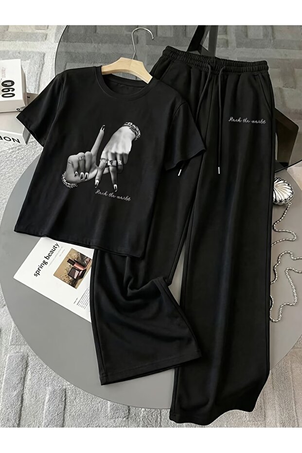 Unisex Los Angeles La Hand-Printed Oversize Tshirt and Baggy Sweatpants - Summer Two-Piece Tracksuit Set
