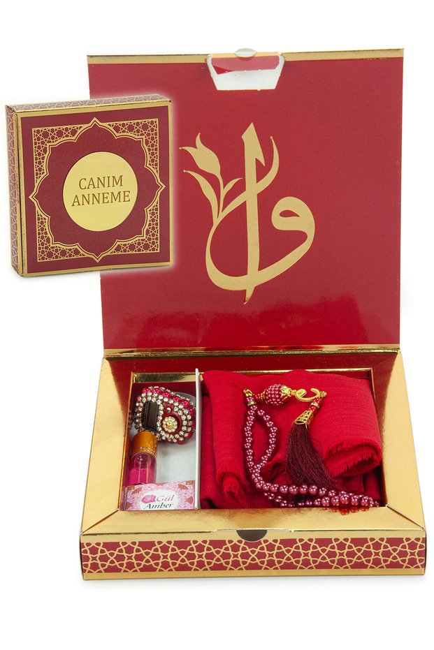 Special for Mother's Day - Pearl Prayer Beads Zikirmatik Essence Scarf Gift Set - Red