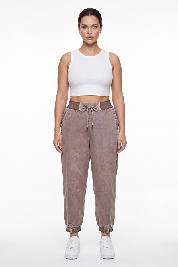 Women's Brown Summer Trousers with Elastic Waist and Leg Detail