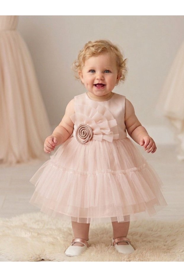 Pri̇ncess Candy Rose-Detail Evening Dress for Ages 6-24 Months - Powder