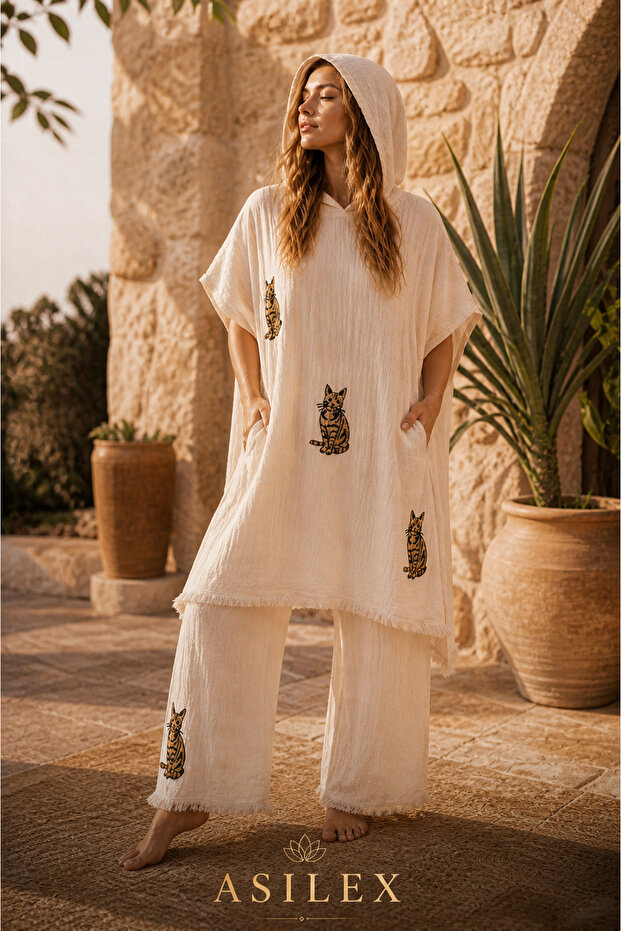 Hooded Muslin Poncho Set, Oversize 2-Piece 100% Cotton Set (Poncho + Pants)