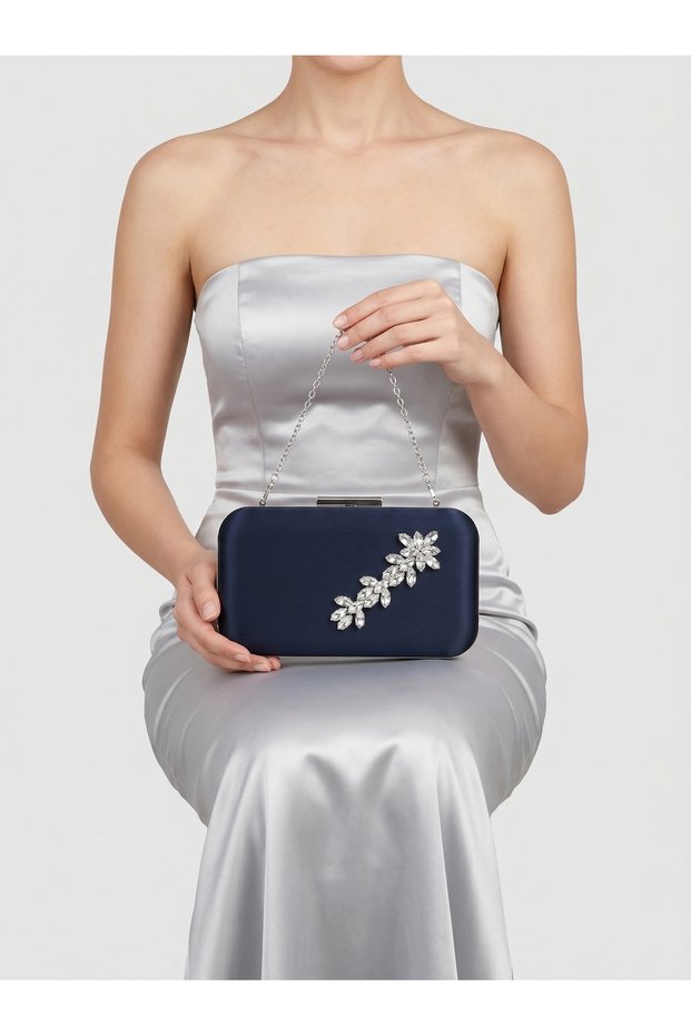 Navy Blue Color Z.A.R.A. Satin Crystal Stone Embroidered Chain Women's Evening Dress Bag Wedding Engagement Graduation